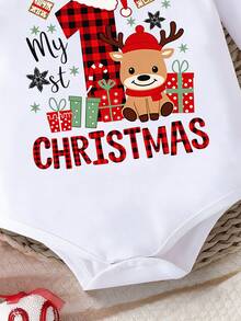 男嬰 My 1st Christmas 嬰兒長袖紅色連身衣，可愛卡通聖誕老人與馴鹿圖案聖誕連身衣服飾 - 白色 - 查看 5