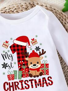 男嬰 My 1st Christmas 嬰兒長袖紅色連身衣，可愛卡通聖誕老人與馴鹿圖案聖誕連身衣服飾 - 白色 - 查看 4