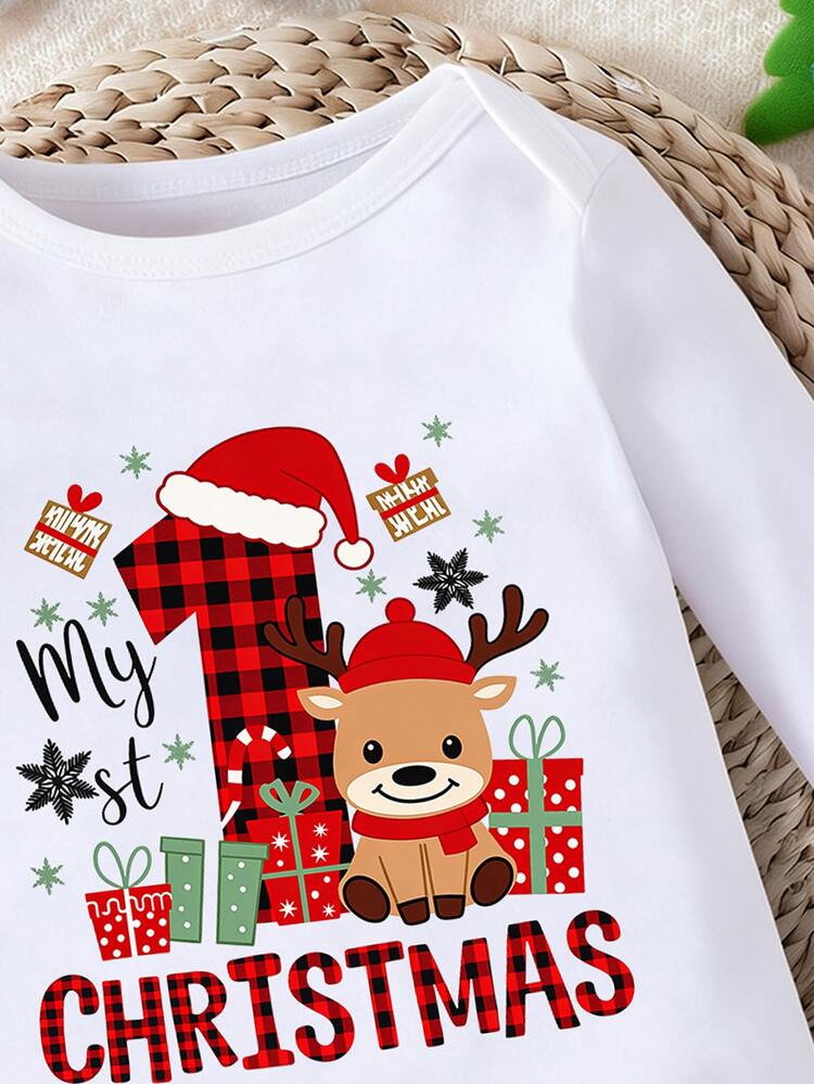 男嬰 My 1st Christmas 嬰兒長袖紅色連身衣，可愛卡通聖誕老人與馴鹿圖案聖誕連身衣服飾 - 白色 - 查看 4