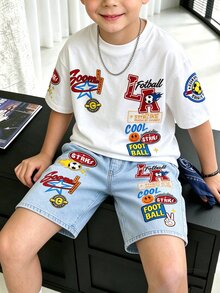2pcs Tween Boy Cool English Slogan Print Crew Neck Short Sleeve T-Shirt And Sports Shorts Set, Suitable For School Party White Light Blue Summer - Black - View 2