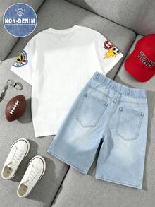 2pcs Tween Boy Cool English Slogan Print Crew Neck Short Sleeve T-Shirt And Sports Shorts Set, Suitable For School Party White Light Blue Summer - Black - View 3