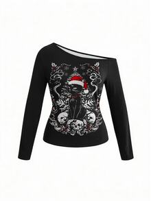 ROMWE Gothic Cat Christmas Dark Aesthetic Sexy Asymmetrical Shoulder Plus Size T-Shirt - Black - View 1