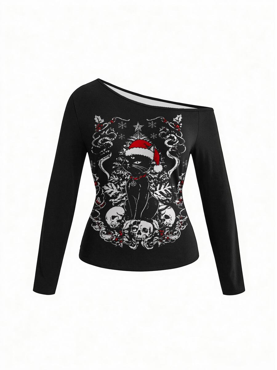 ROMWE Gothic Cat Christmas Dark Aesthetic Sexy Asymmetrical Shoulder Plus Size T-Shirt - Black - View 1