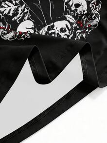 ROMWE Gothic Cat Christmas Dark Aesthetic Sexy Asymmetrical Shoulder Plus Size T-Shirt - Black - View 4
