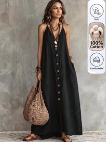Omancia Women's Summer Casual Vacation Solid Color Dress - Black - View 1
