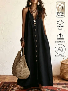 Omancia Women's Summer Casual Vacation Solid Color Dress - Black - View 4