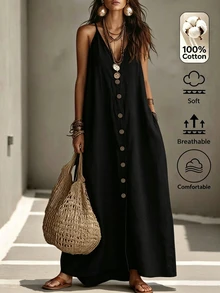 Omancia Women's Summer Casual Vacation Solid Color Dress - Black - View 5