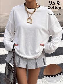 Muchica Women's Colorblock Casual Daily Long Sleeve T-Shirt - White - View 6