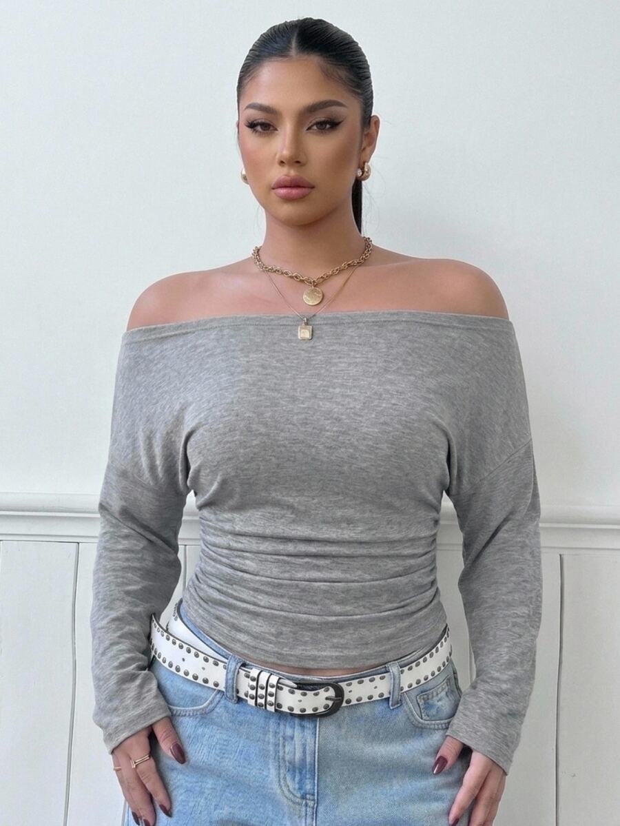 Muchica Women's Plus Size Cold Shoulder Long Sleeve T-Shirt Fall Going Out Party Formal Grey Sexy Casual - Light Grey - View 1