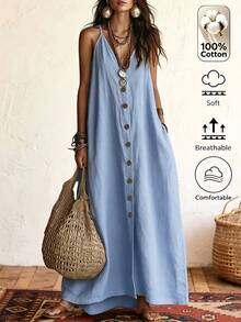 Omancia Women's Summer Casual Tropical Vacation Solid Color Dress Beach Vacation Blue - Baby Blue - View 6