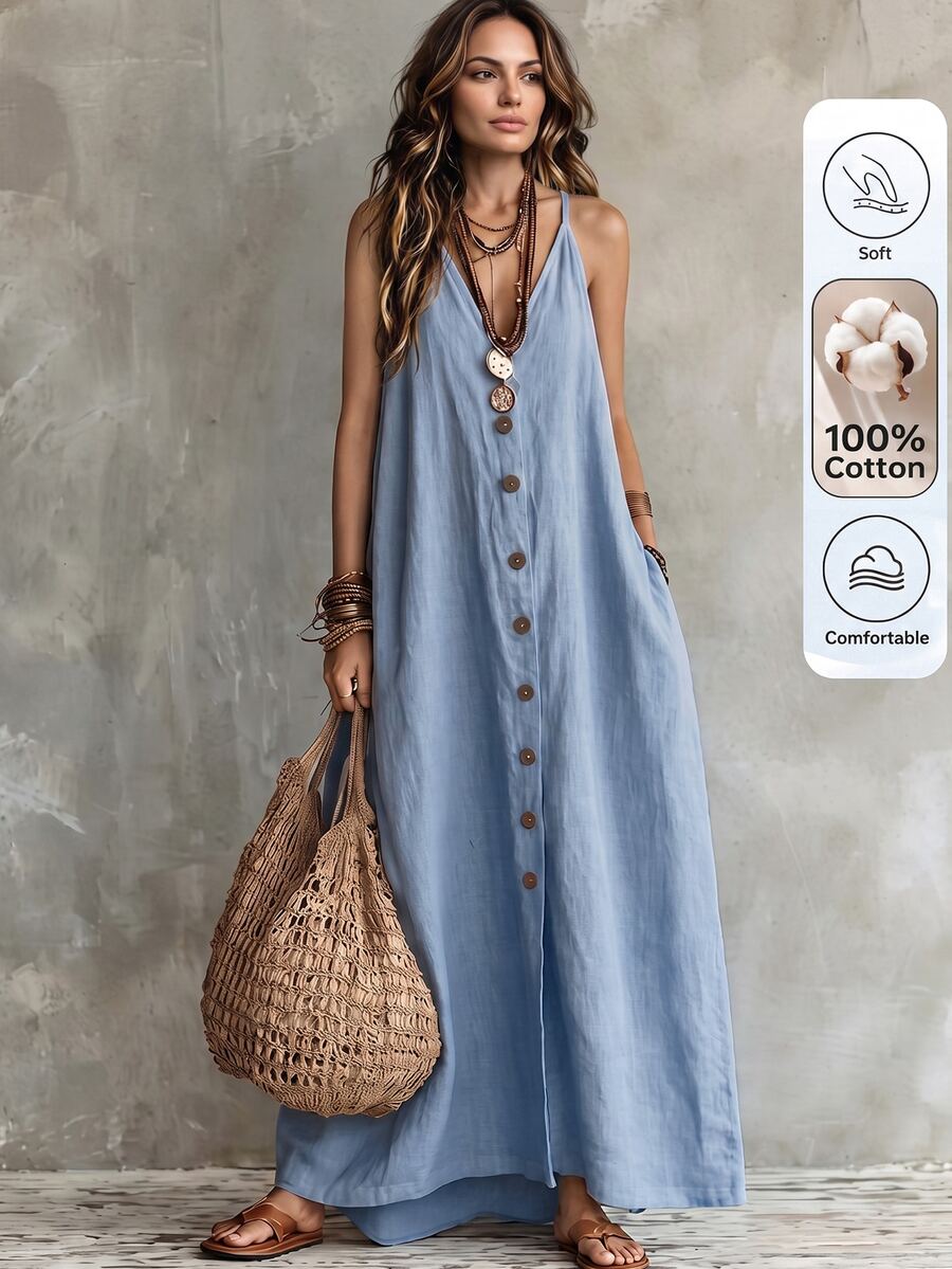 Omancia Women's Summer Casual Tropical Vacation Solid Color Dress Beach Vacation Blue - Baby Blue - View 1