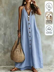 Omancia Women's Summer Casual Tropical Vacation Solid Color Dress Beach Vacation Blue - Baby Blue - View 5