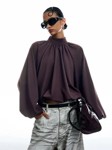 LYSMO Women's Solid Color Stand Collar Raglan Long Sleeve Pleated Fashion Blouse Going Out Office Dusty Mauve Fall Elegant Chocolate Brown - Purple - View 5