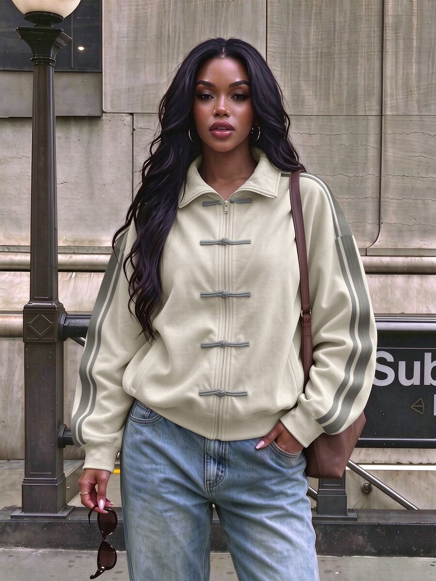 New Chinese-Style Buttoned Stand Collar Jacket For Women, Light Apricot Color With Side Stripe, Loose Retro Sporty Zip-Up Sweatshirt - Multicolor - View 1