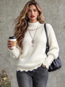 Ceyna Women's Autumn/Winter High Neck Lace Pearl Rhinestone Decor Soft Elegant Romantic Elegant Date Holiday Outfit Fitted Plus Size Pullover Sweater - White - View 1