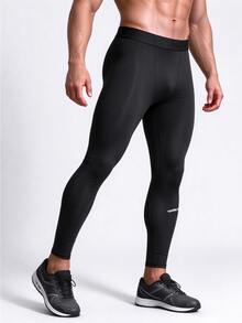 Acti Log Men's Letter Print Sports Compression Leggings - Black - View 3