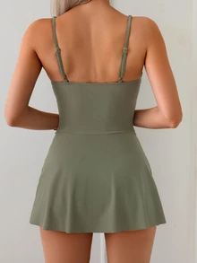 SHEIN Swim 女士纯色扭纹设计休闲连体泳衣，适合度假 - 軍綠色 - 查看 6