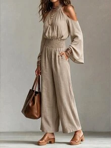 Omancia Women's Solid Color Ruched Cold Shoulder Casual Daily Wear Jumpsuit Fall/Winter - Khaki - View 7