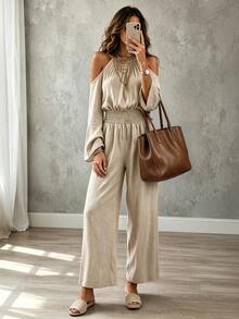 Omancia Women's Solid Color Ruched Cold Shoulder Casual Daily Wear Jumpsuit Fall/Winter - Khaki - View 4