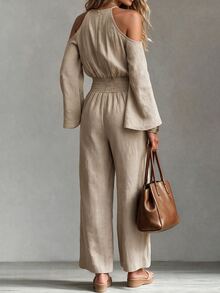 Omancia Women's Solid Color Ruched Cold Shoulder Casual Daily Wear Jumpsuit Fall/Winter - Khaki - View 2