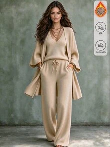 Omancia Bộ 3 món nữ dệt kim gân màu trơn dáng rộng, áo cardigan dài tay không cúc + áo hai dây cổ chữ V + quần ống rộng dây rút, phong cách thường ngày đi làm và mặc nhà - Nhiều màu - Xem 3