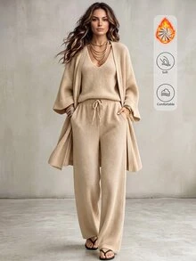 Omancia Bộ 3 món nữ dệt kim gân màu trơn dáng rộng, áo cardigan dài tay không cúc + áo hai dây cổ chữ V + quần ống rộng dây rút, phong cách thường ngày đi làm và mặc nhà - Nhiều màu - Xem 1
