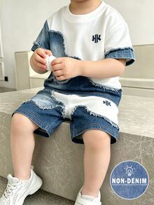 [Denim Effect] 2pcs Young Boy Cool Print Design, English Letter Print Fashion Crew Neck Short Sleeve T-Shirt And Sports Shorts Set, White Summer - Multicolor - View 2