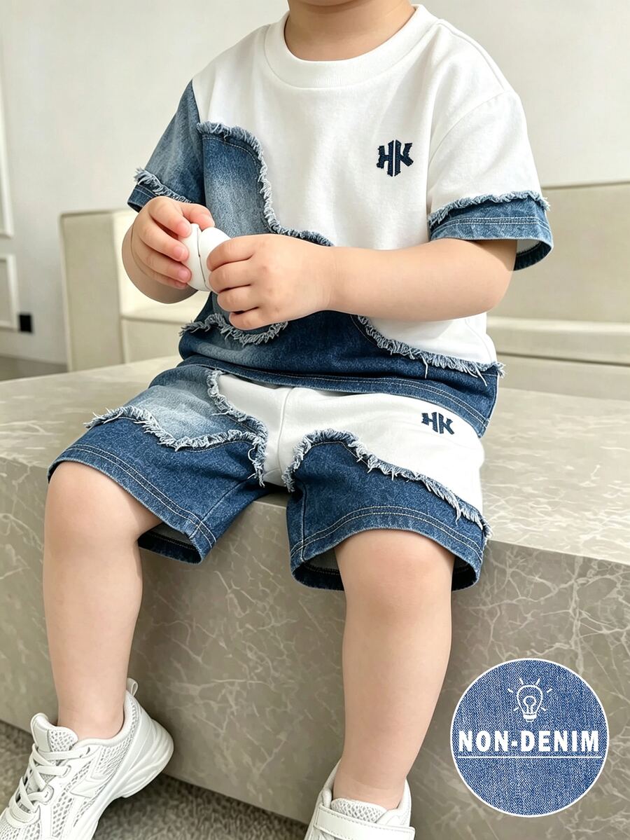 [Denim Effect] 2pcs Young Boy Cool Print Design, English Letter Print Fashion Crew Neck Short Sleeve T-Shirt And Sports Shorts Set, White Summer