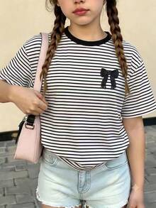 青少年女孩休閒極簡復古黑白條紋蝴蝶結圖案印花圓領短袖T恤，夏季日常校園度假穿搭 - 粉色 - 查看 4