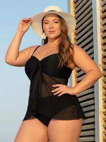 SHEIN Swim ملابس سباحة علوية تانكيني صيفية للشاطئ مقاس كبير مع عقدة أمامية وطبقة شبكية - الأسود - مشاهدة 7
