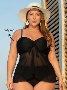 SHEIN Swim ملابس سباحة علوية تانكيني صيفية للشاطئ مقاس كبير مع عقدة أمامية وطبقة شبكية - الأسود - مشاهدة 2