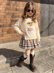 SHEIN Young Girl Young Girl Kids Young Girls Retro Fashion Versatile Casual Everyday Wear Fall Winter,Suitable For Outings, Campus - Khaki - View 5