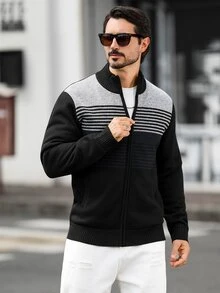 Manfinity Homme Old Money 男士秋冬條紋長袖拉鍊針織開襟衫，情侶穿搭，辦公通勤秋季款，最佳節日禮物 - 黑色 - 查看 3
