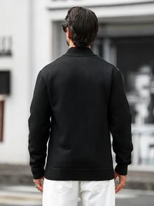 Manfinity Homme Old Money 男士秋冬條紋長袖拉鍊針織開襟衫，情侶穿搭，辦公通勤秋季款，最佳節日禮物 - 黑色 - 查看 7