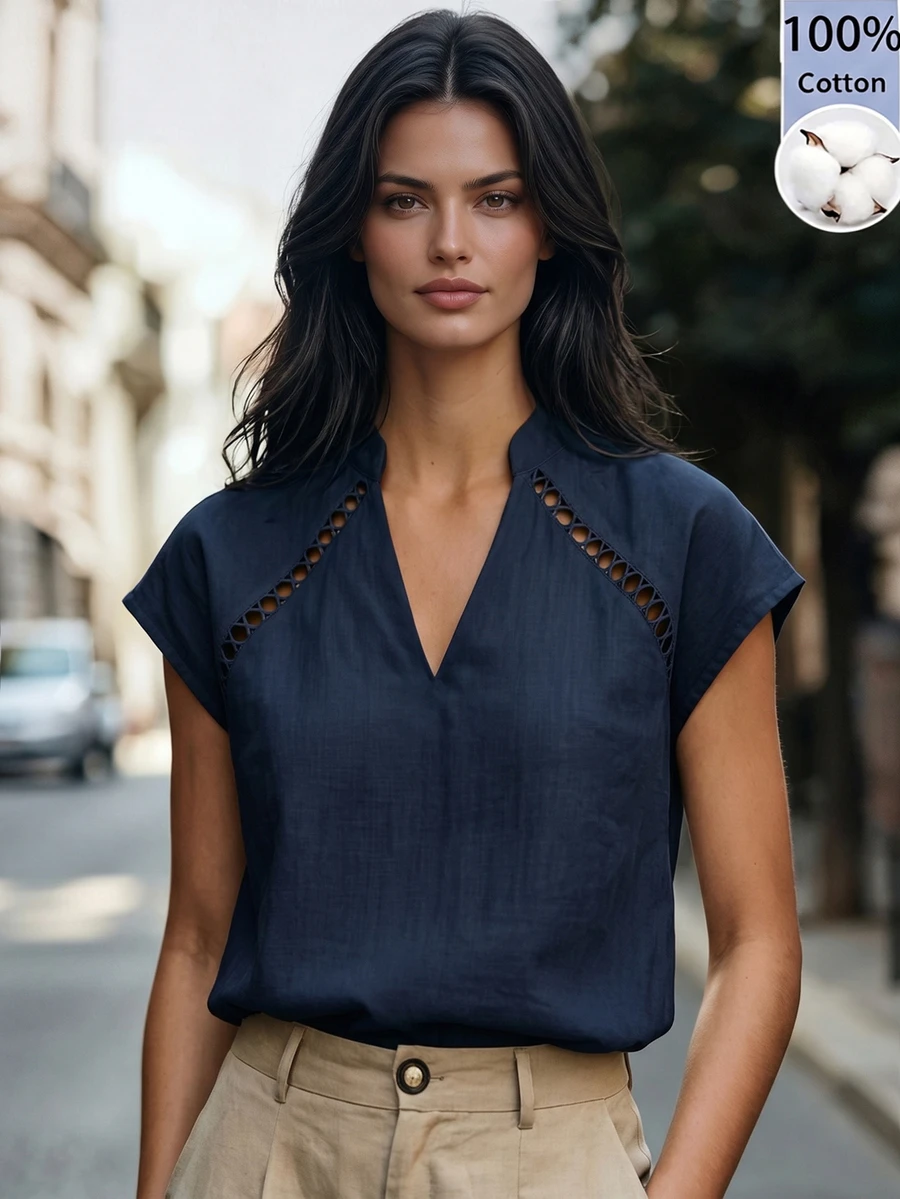 Elafinee Women's V-Neck Lace Patchwork Shoulder Short Sleeve Blouse - Navy Blue - View 1