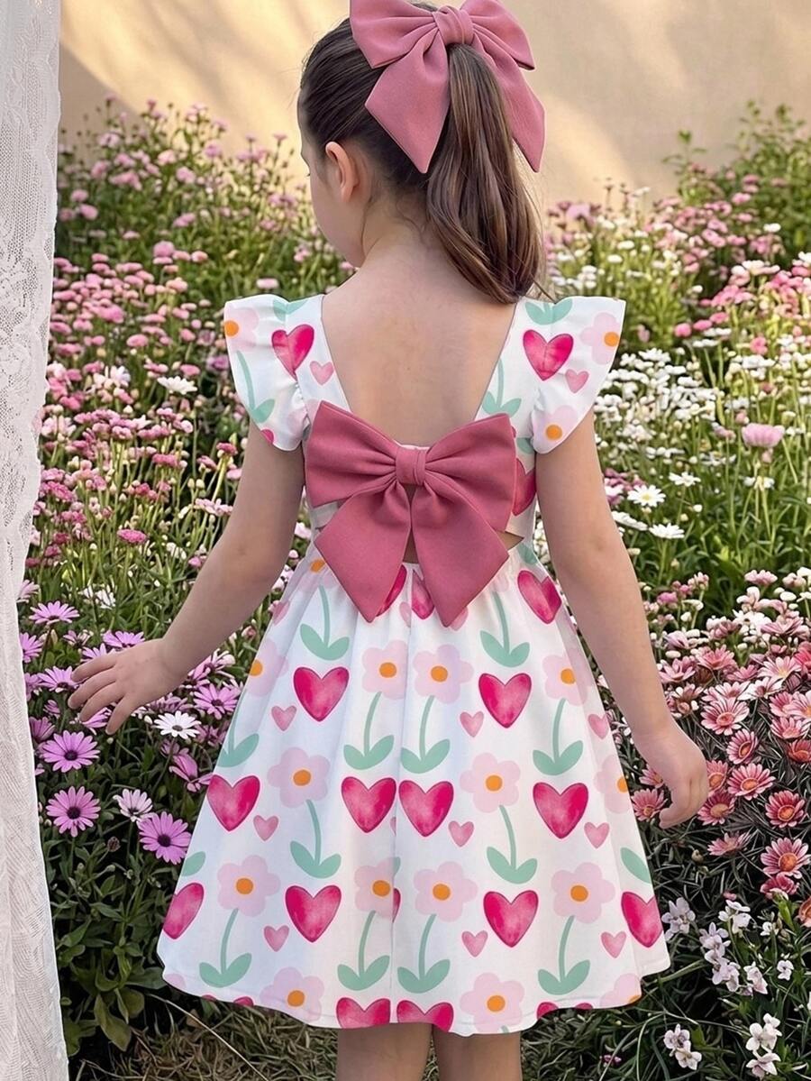 SHEIN 女童蝴蝶結裝飾花卉印花休閒夏季洋裝