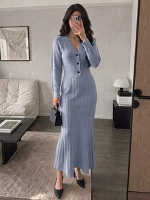 Modelyn Women's Solid Color V-Neck Casual Daily Knit Dress - Grey - View 1