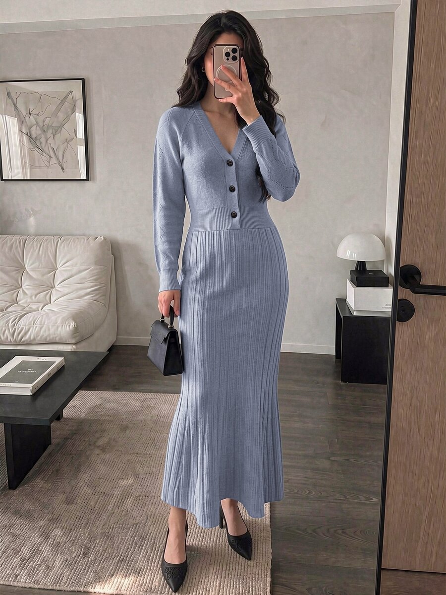 Modelyn Women's Solid Color V-Neck Casual Daily Knit Dress - Grey - View 1
