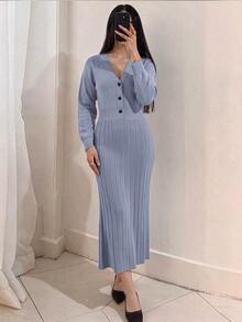 Modelyn Women's Solid Color V-Neck Casual Daily Knit Dress - Grey - View 4