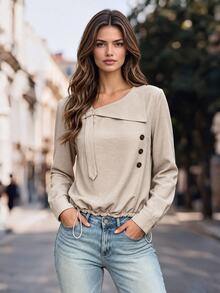 SHEIN LUNE Women's Button Decor Pullover Blouse, Asymmetric Neckline Solid Color Top, Hem Cinched Casual Commute Vacation Beige Shirt Simple Elegant Everyday - Apricot - View 1