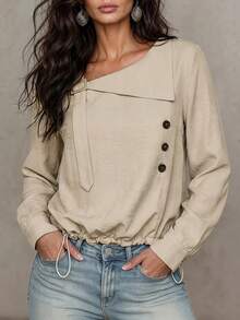 SHEIN LUNE Women's Button Decor Pullover Blouse, Asymmetric Neckline Solid Color Top, Hem Cinched Casual Commute Vacation Beige Shirt Simple Elegant Everyday - Apricot - View 6