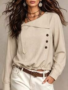 SHEIN LUNE Women's Button Decor Pullover Blouse, Asymmetric Neckline Solid Color Top, Hem Cinched Casual Commute Vacation Beige Shirt Simple Elegant Everyday - Apricot - View 4