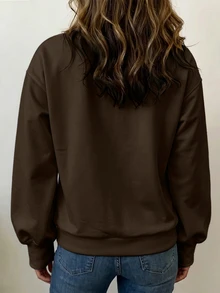 SHEIN Franclia 女款秋冬新款極簡純色小V領長袖衛衣，寬鬆顯瘦修飾身形，百搭通勤休閒，適合日常通勤休閒穿搭 - 棕色 - 查看 2