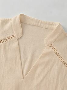 Elafinee Women's V-Neck Lace Patchwork Shoulder Short Sleeve Blouse Vacation Beige Summer Casual - Khaki - View 5