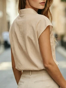 Elafinee Women's V-Neck Lace Patchwork Shoulder Short Sleeve Blouse Vacation Beige Summer Casual - Khaki - View 2