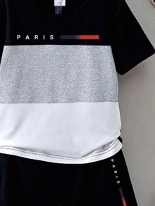 SHEIN Explorewe 男童 PARIS 字母印花 T 恤與短褲 2 件套，圓領短袖拼接色上衣 + 同款短褲，夏季兒童套裝 - 彩色 - 查看 6
