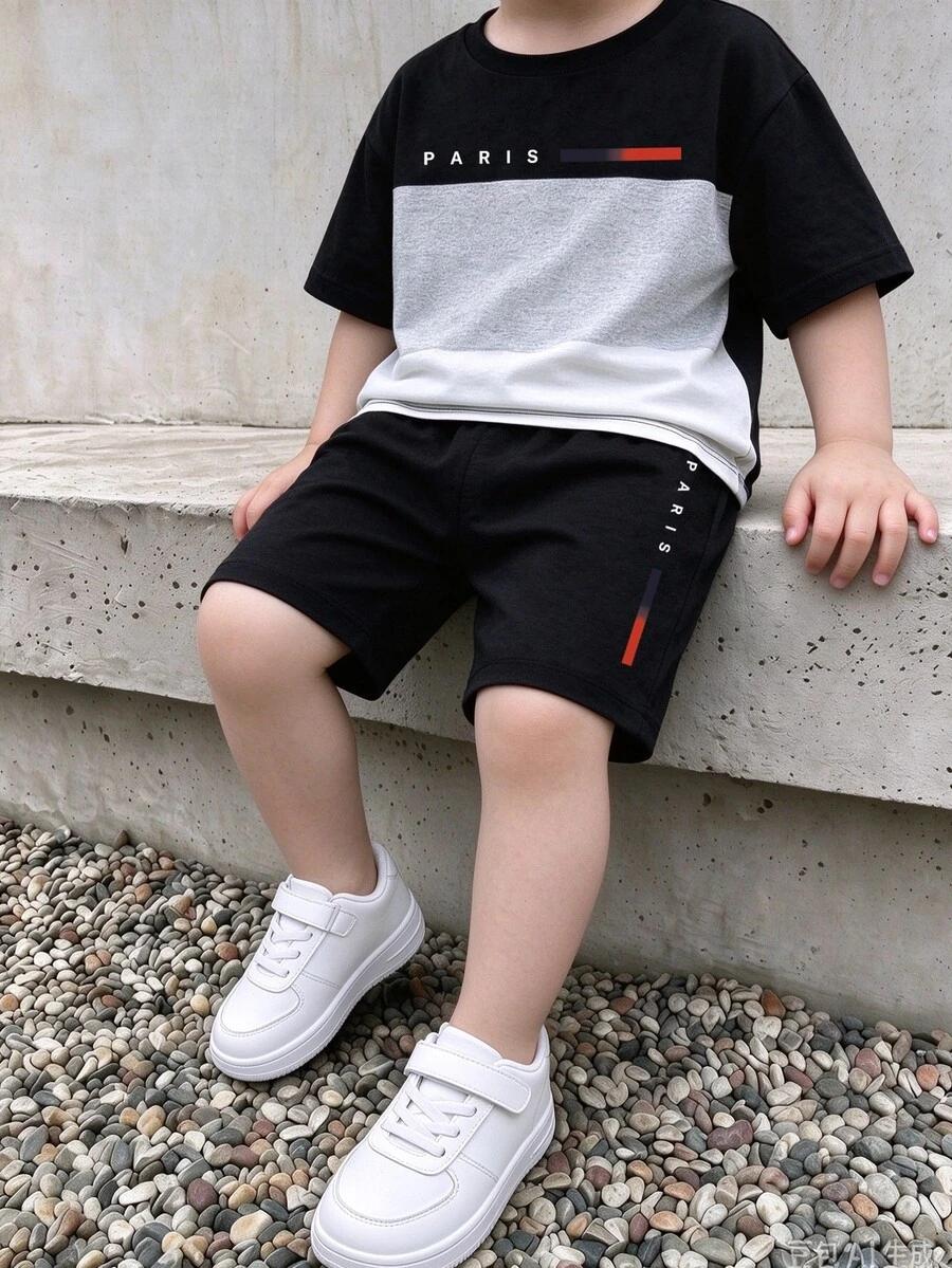 SHEIN Explorewe Boys PARIS Letter Print T-Shirt & Shorts 2pcs Set ...