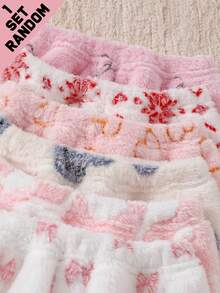 SHEIN Baby Girl Elegant Plush Bow Heart Print Ribbed Collar Long Sleeve Long Pants Fleece Loungewear Random 6-In-1 2 Pieces Set Winter - Multicolor - View 7