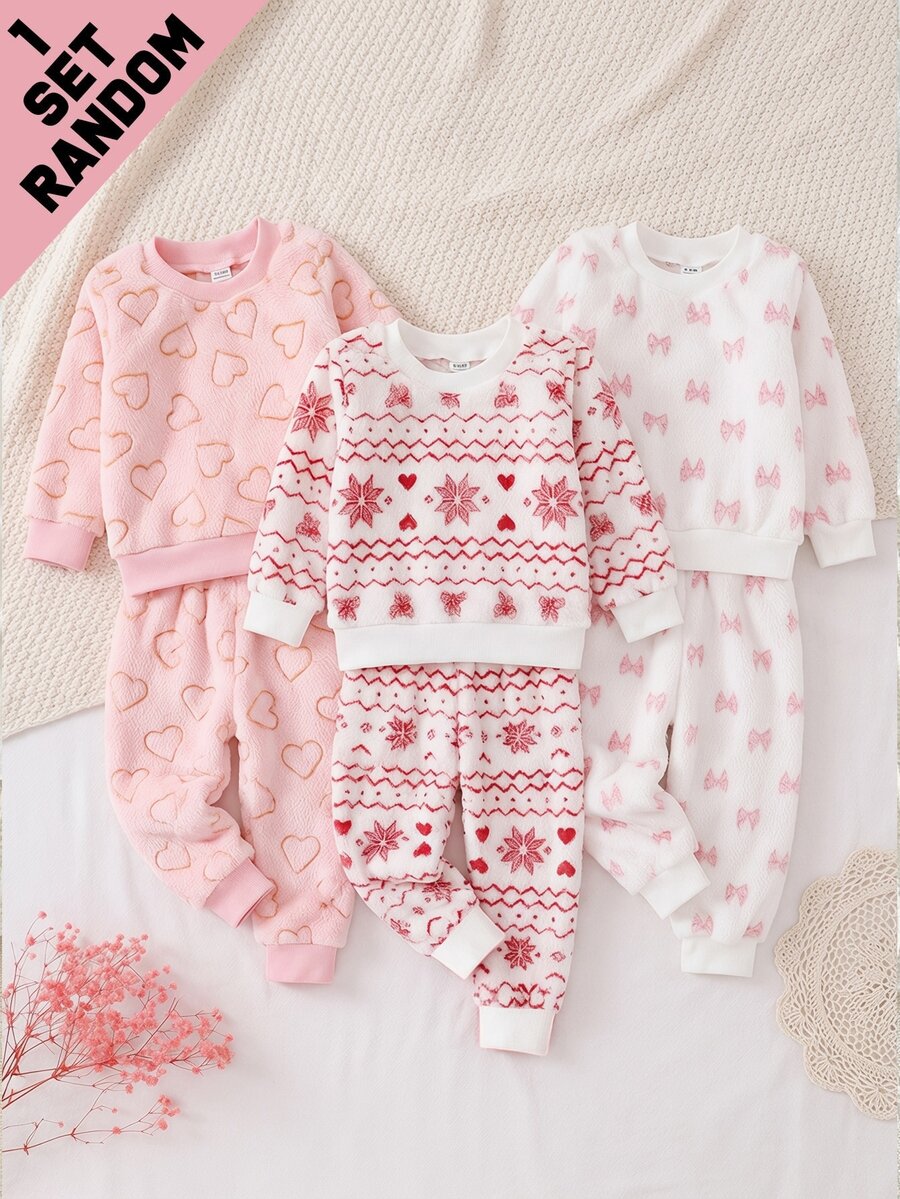 SHEIN Baby Girl Elegant Plush Bow Heart Print Ribbed Collar Long Sleeve Long Pants Fleece Loungewear Random 6-In-1 2 Pieces Set Winter - Multicolor - View 1