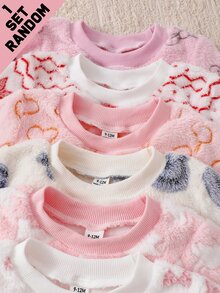 SHEIN Baby Girl Elegant Plush Bow Heart Print Ribbed Collar Long Sleeve Long Pants Fleece Loungewear Random 6-In-1 2 Pieces Set Winter - Multicolor - View 4